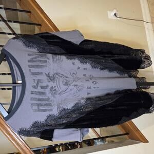 Free People Austin Texas 1976 Graphic Lace Trim Velvet Panel Shirt Oversize XS